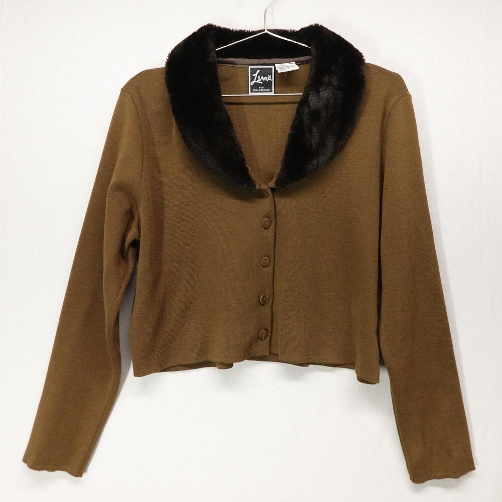Vintge Cardigan Sweater Womens Large Brown Faux Fur Collar Old Money